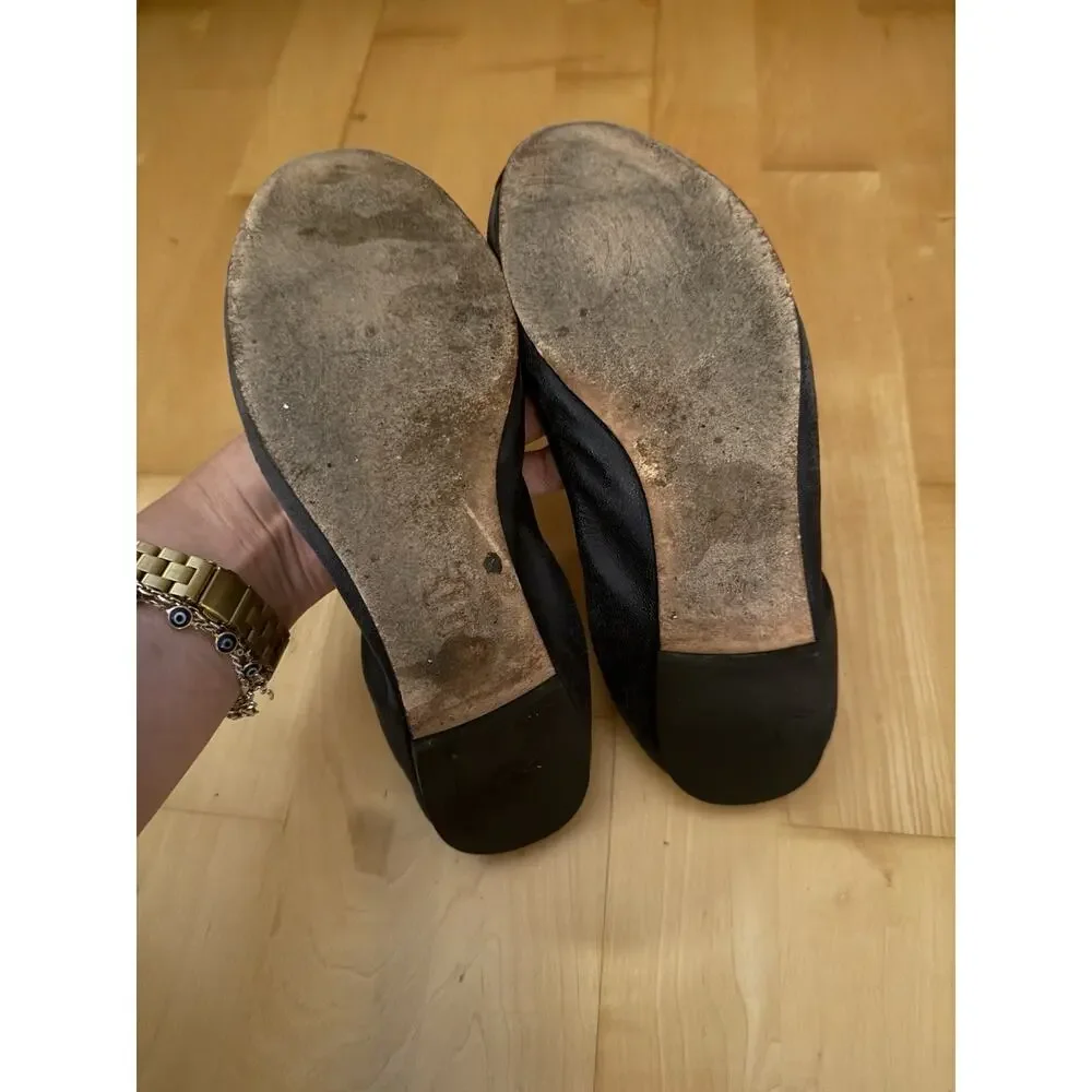 Tory Burch Jolie Logo Ballet Flats Shoes Navy Black Leather Slip On 10